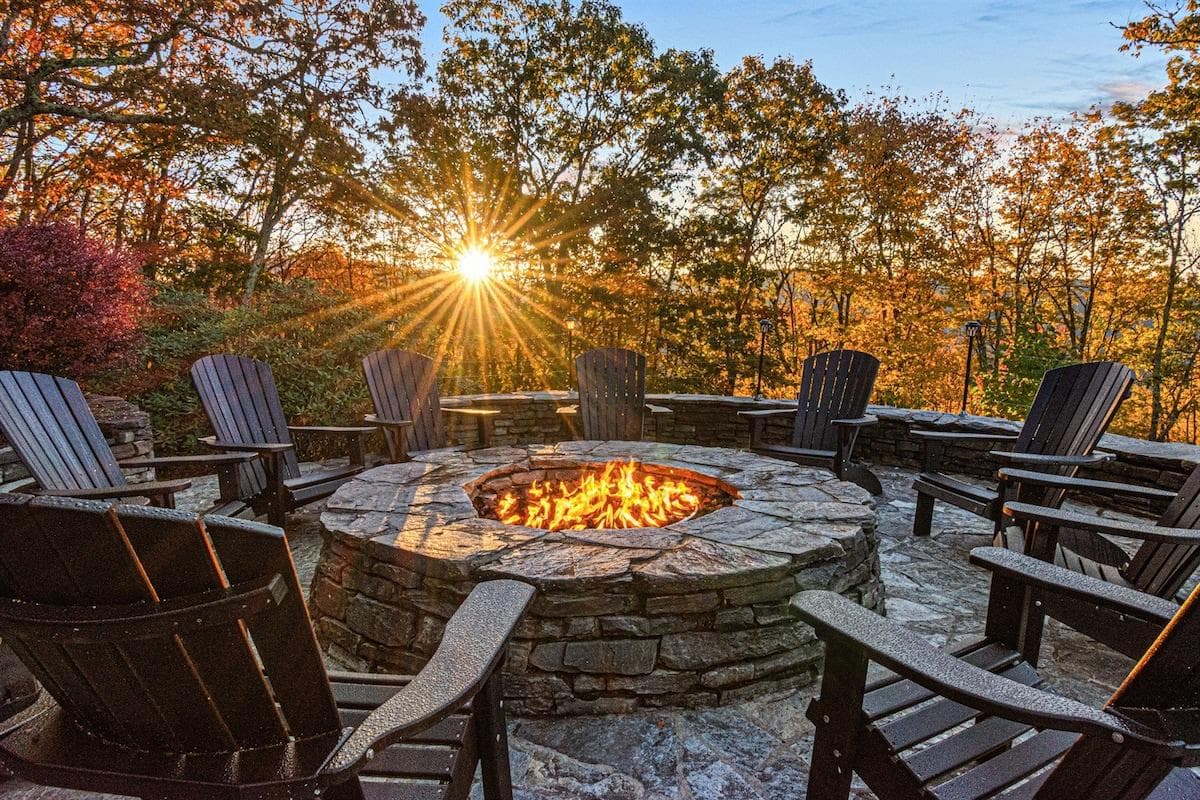 Huge firepit with ample seating and stunning views.