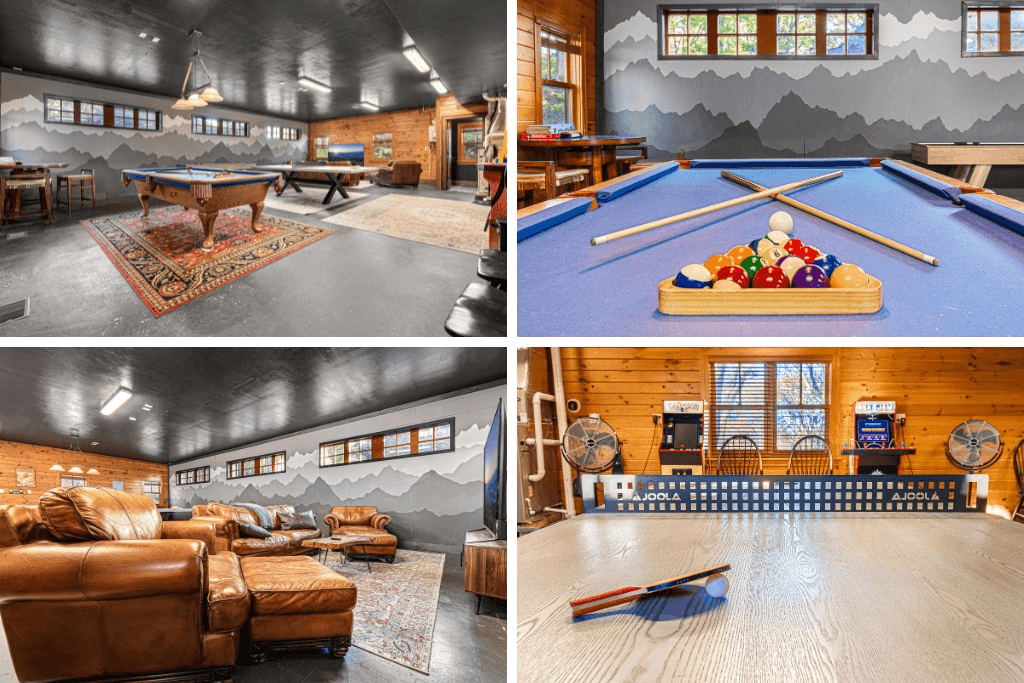 Huge game room filled with arcade games, pool, shuffle board, poker table, TV, and bathroom.